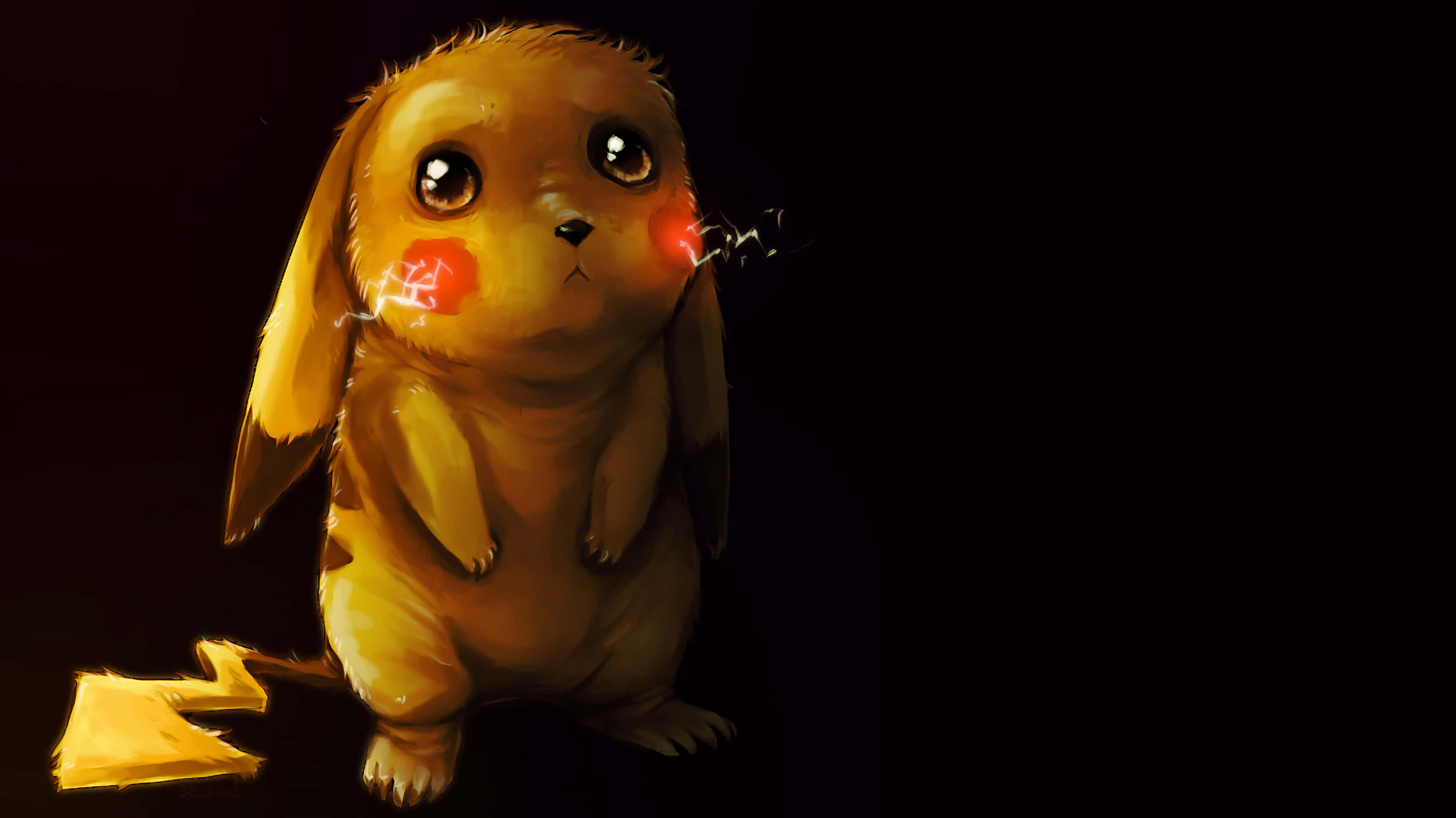 Pokemon Fan Art 桌布 壁紙 — 一隻可愛的胖胖皮卡丘，臉頰發光，尾巴閃爍火花，站在深色背景前。