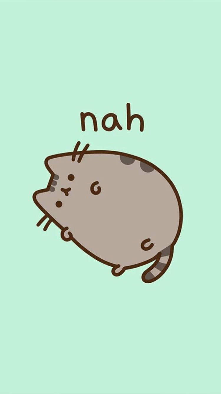 pusheen 動圖 桌布 壁紙 — 一隻可愛的胖貓，上方有「nah」文字，背景為薄荷綠色。