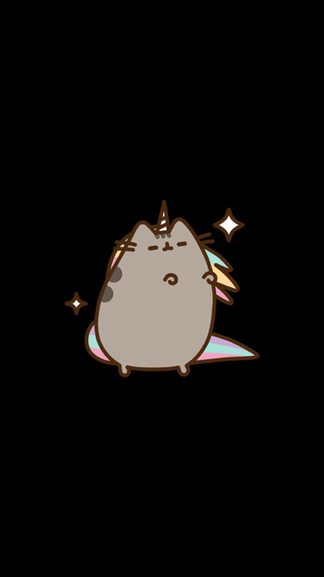 Kawaii Pusheen 桌布 壁紙 — 一隻可愛的胖貓，擁有彩虹鬃毛和角，在黑色背景上閃爍星星的襯托下平靜地漂浮。