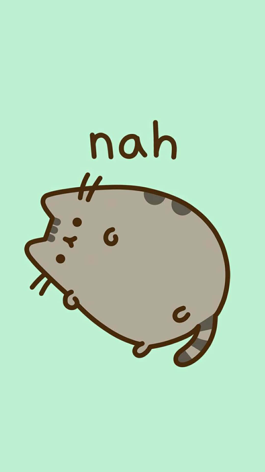 Cute Pusheen 桌布 壁紙 — 一隻可愛的胖貓，頭頂上有「nah」文字，躺在薄荷綠背景上。
