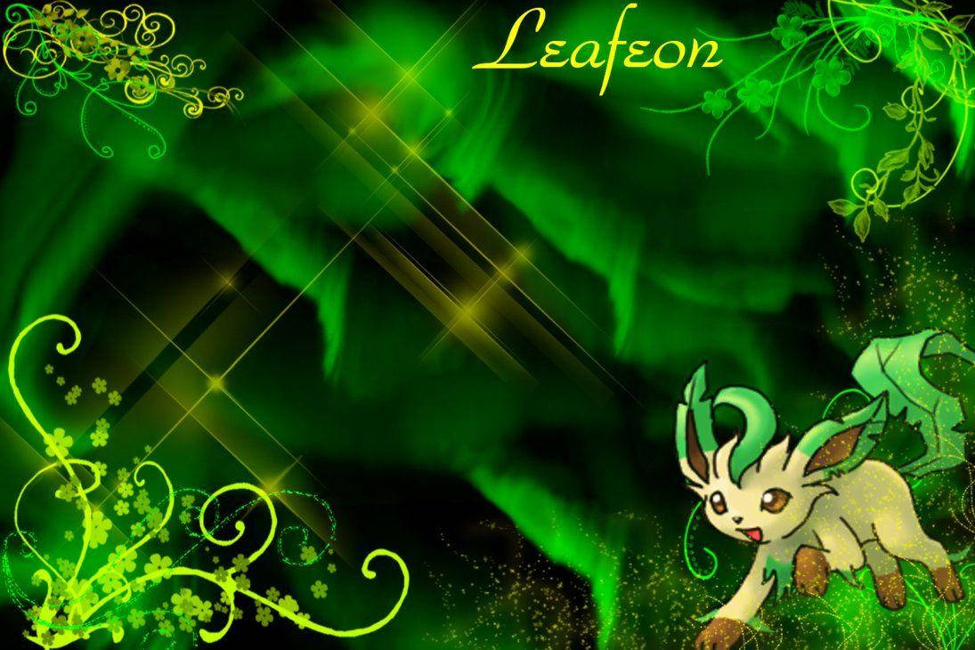 Leafeon 桌布 壁紙 — 一隻可愛的葉伊布寶可夢站在閃爍光芒的綠色森林中，周圍有閃亮的光點和華麗的花卉邊框。