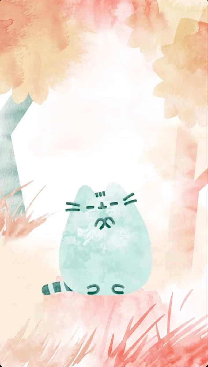 Cute Pusheen 桌布 壁紙 — 一隻可愛的薄荷綠色貓咪，帶著不高興的表情，坐在明亮天空下柔和的水彩秋葉中。