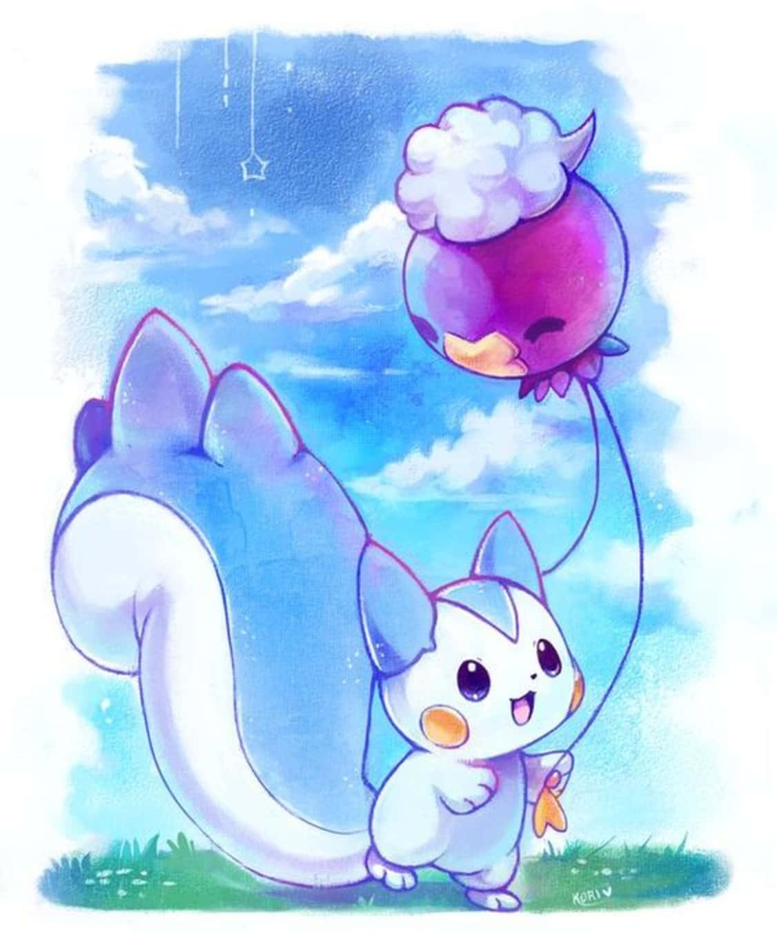 Pokemon Aesthetic 桌布 壁紙 — 一隻可愛的藍白相間狐狸-like生物快樂地拿著一個紫色氣球，頂部有蓬鬆的雲朵，背景是明亮的藍天，有雲朵和一顆懸掛的星星。