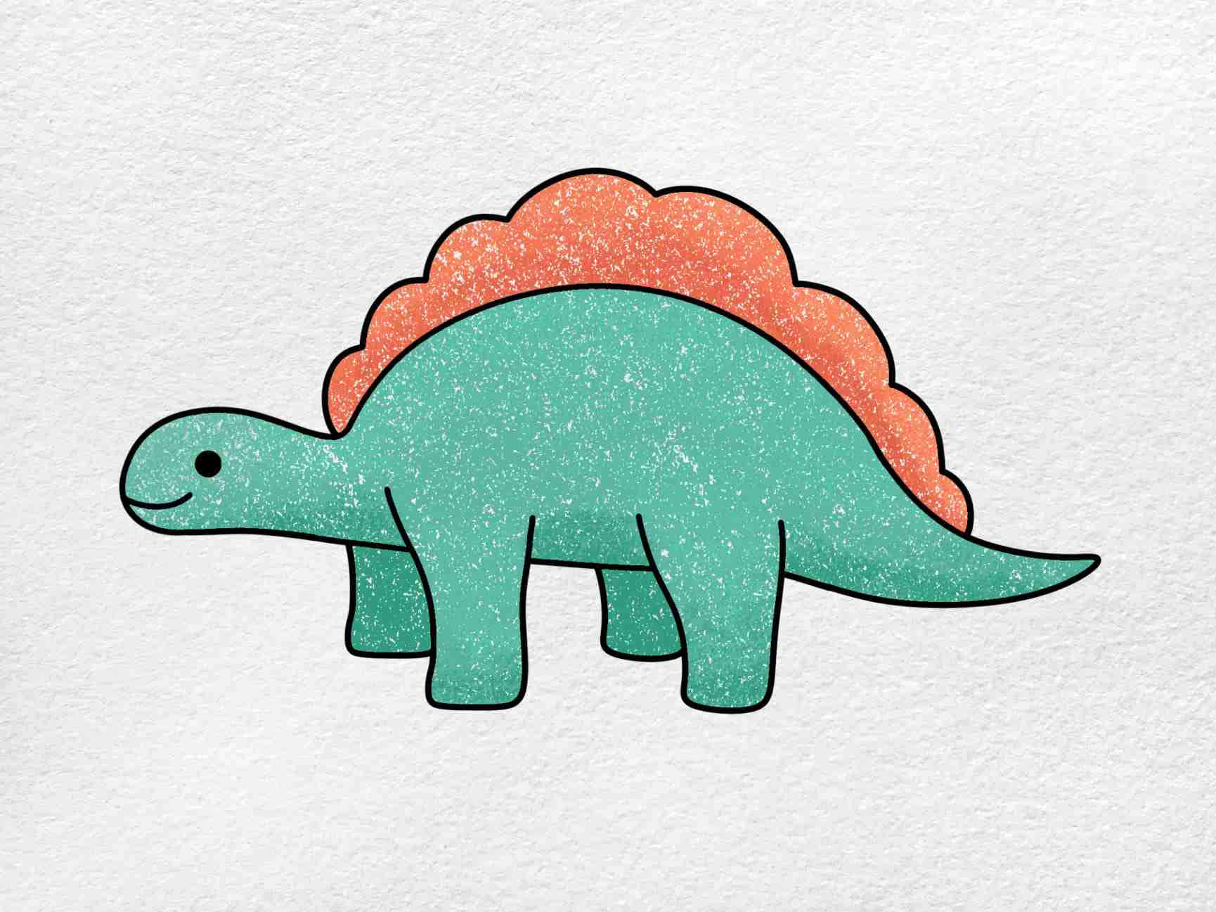 Dinosaur Drawing 桌布 壁紙 — 一隻可愛的藍綠色劍龍，帶有橙色板塊，在紋理白紙上微笑。
