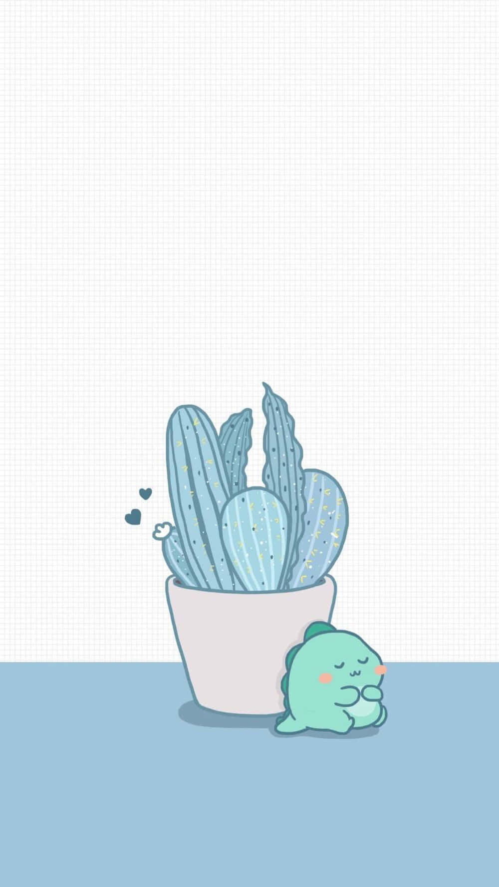 Cute Dinosaur 桌布 壁紙 — 一隻可愛的藍綠色恐龍平靜地坐在盆栽藍色仙人掌旁邊，附近有漂浮的心形。