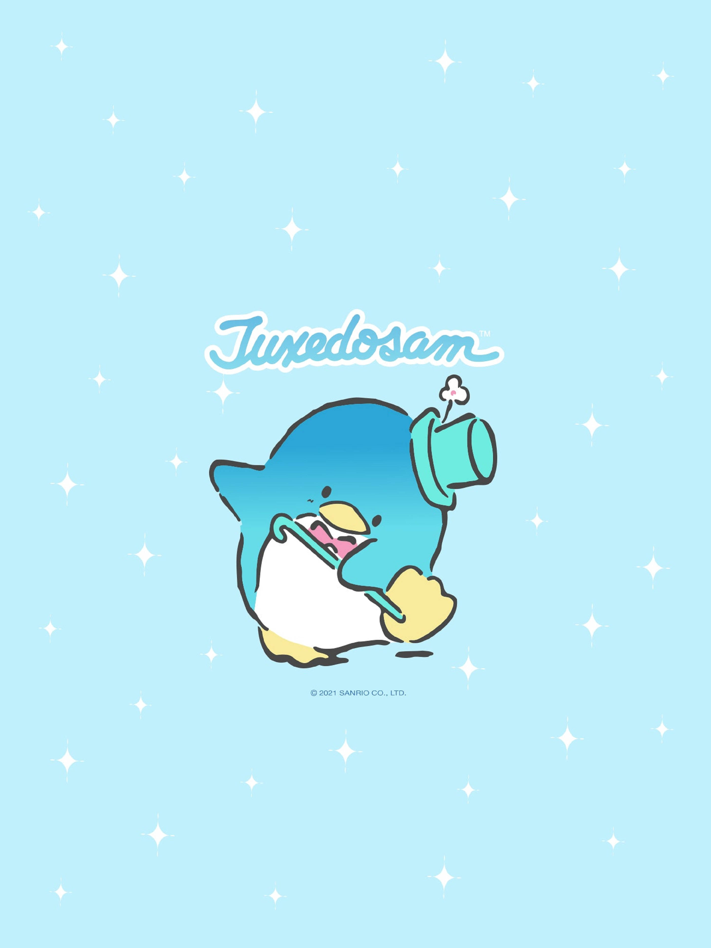 Tuxedo 桌布 壁紙 — 一隻可愛的藍色企鵝戴著高帽和領結，在淺藍色星空背景下微笑著拿著手杖。