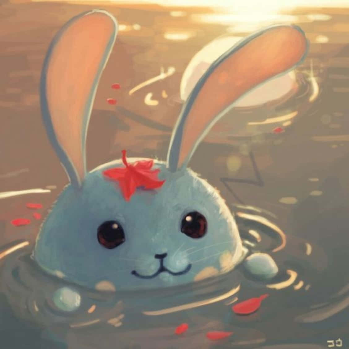 寶可夢 桌布 壁紙 — 一隻可愛的藍色兔子，頭上有一片紅色的楓葉，在金色日落時分平靜地在平靜的水中游泳。