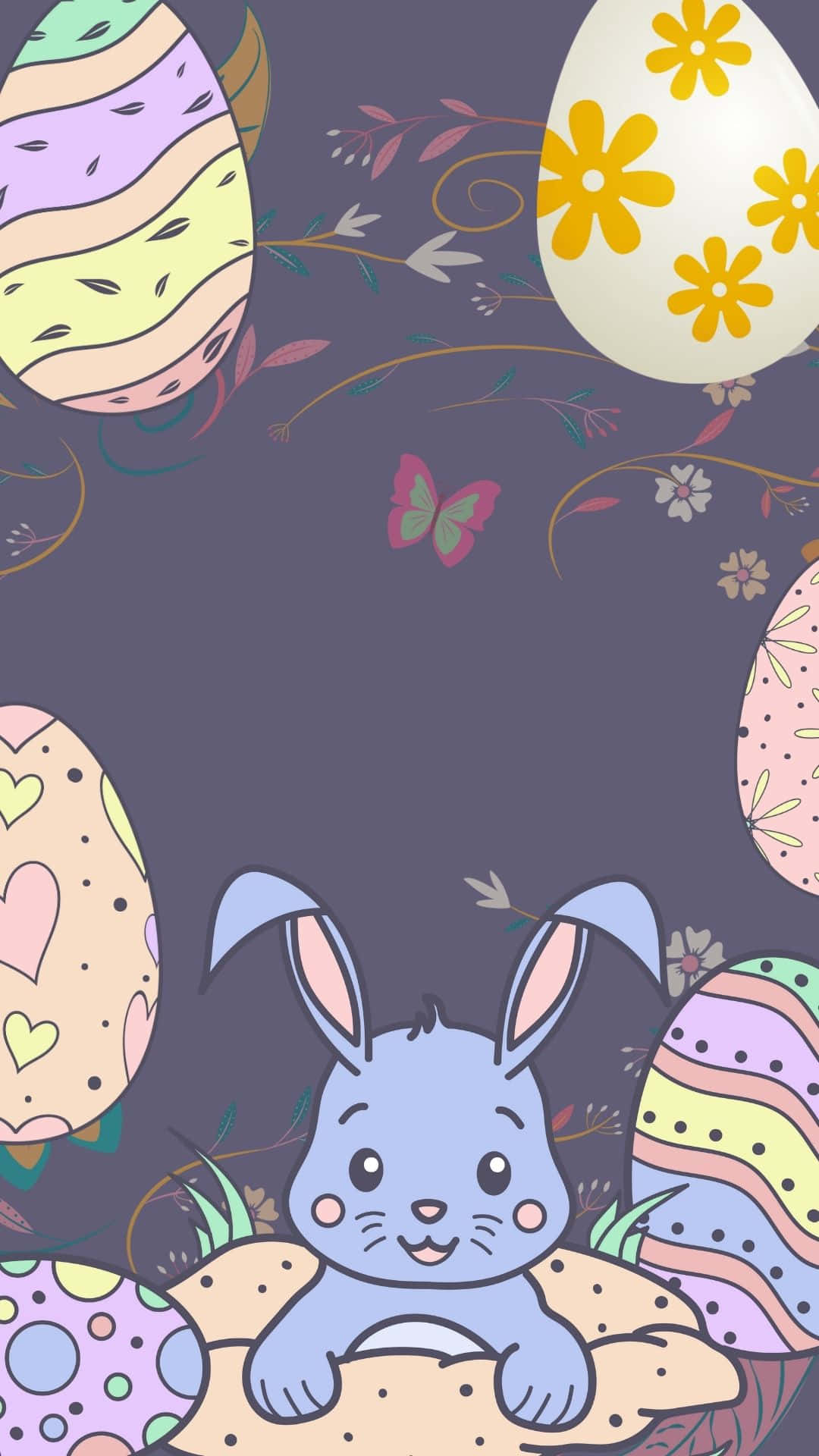 Illustration Art 桌布 壁紙 — 一隻可愛的藍色兔子坐在深紫色背景上，周圍是色彩繽紛、帶有圖案的復活節蛋和奇思妙想的花朵。