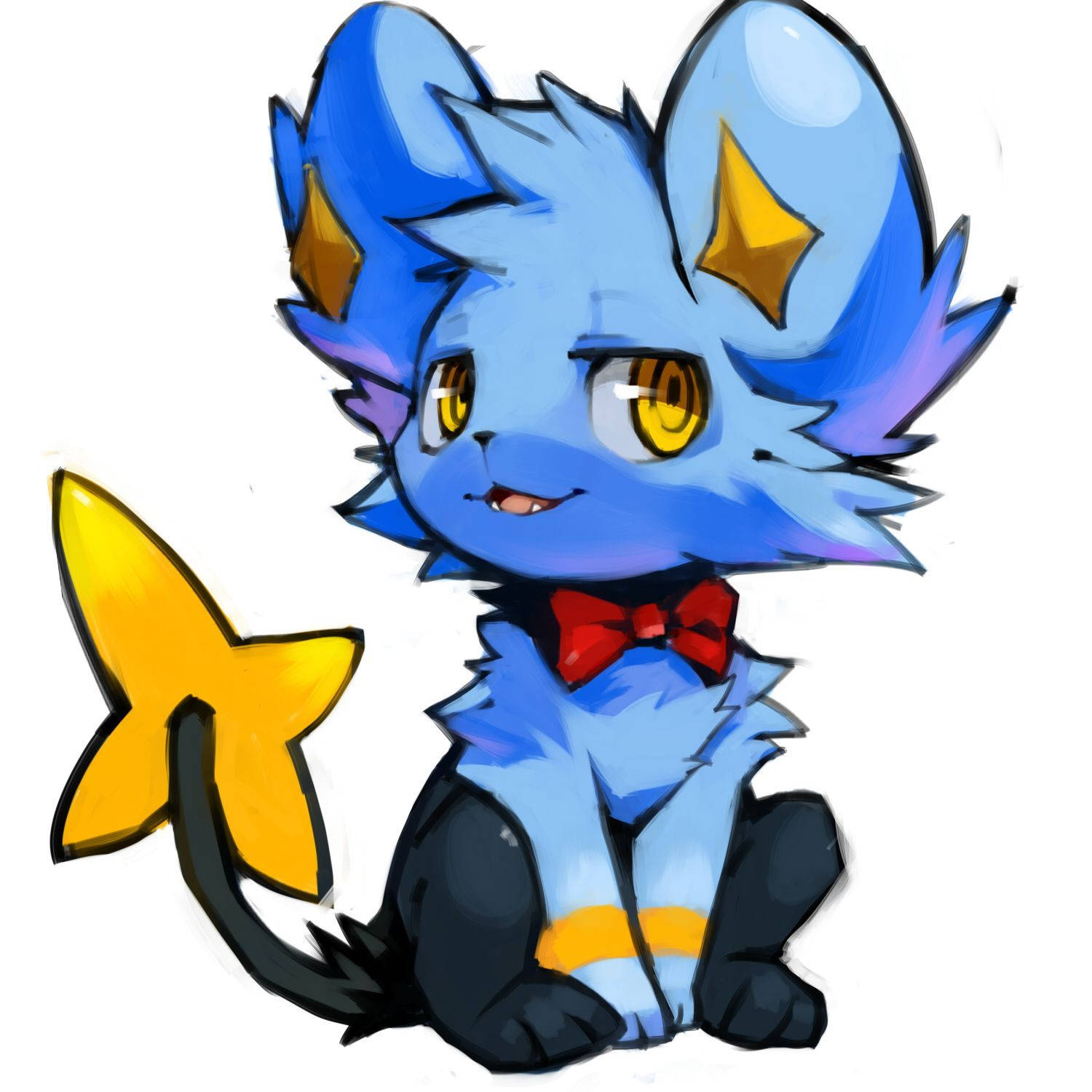 Shinx 桌布 壁紙 — 一隻可愛的藍色動漫貓咪，擁有黃色星星耳朵和尾巴，戴著紅色蝴蝶結，開心地坐在白色背景前。