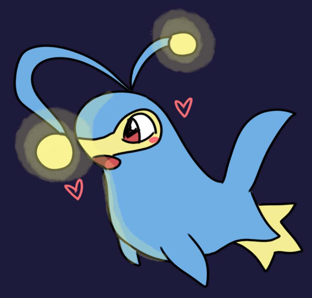 Pokemon Aesthetic 桌布 壁紙 — 一隻可愛的藍色卡通寶可夢，帶有發光觸角和愛心，漂浮在深色背景上。