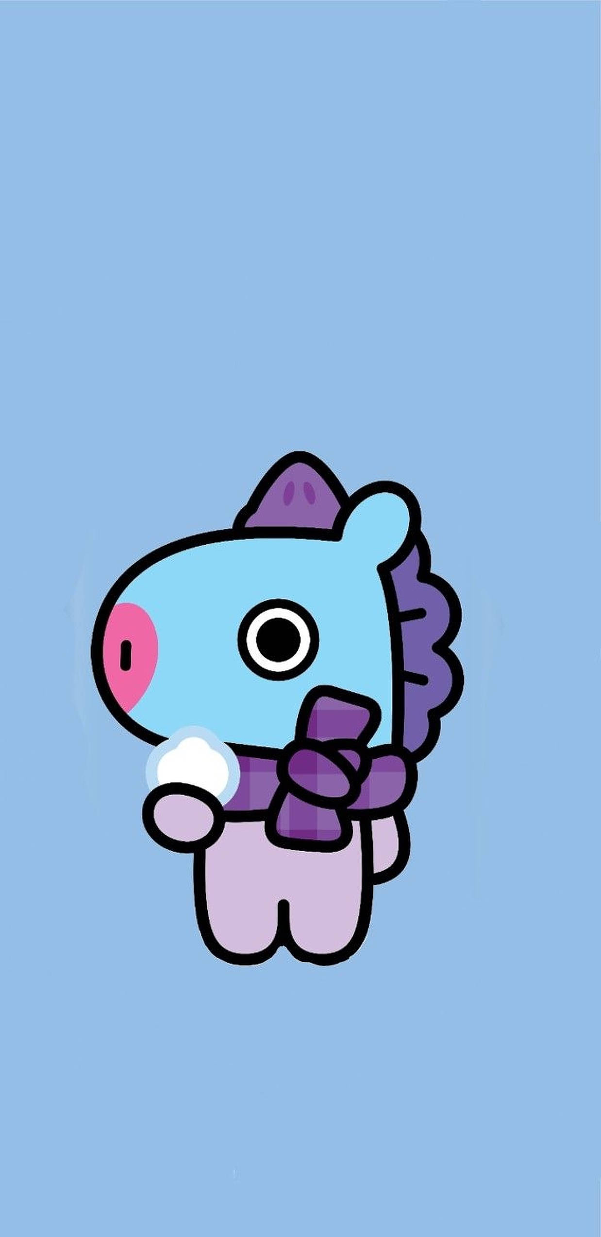 mang bt21 桌布 壁紙 — 一隻可愛的藍色卡通小馬，戴著紫色蝴蝶結和鬃毛，在純淺藍色背景上抱著一個白色球體。