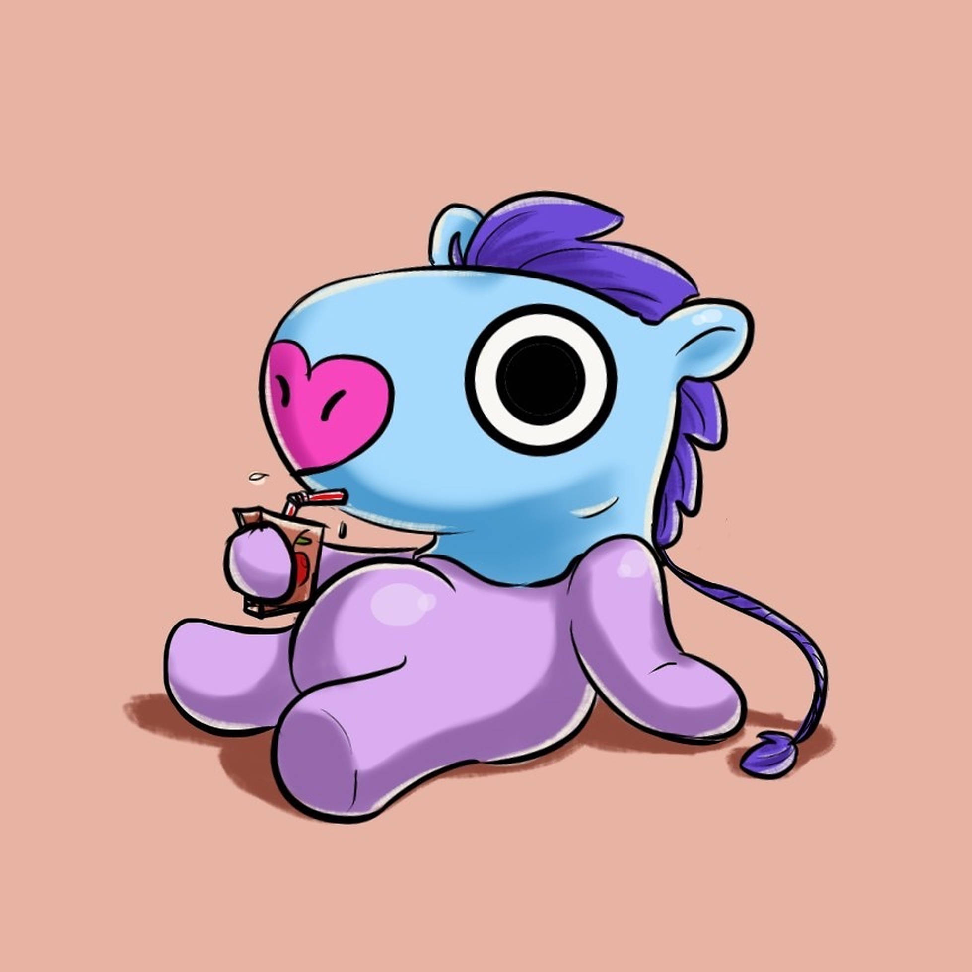 mang bt21 桌布 壁紙 — 一隻可愛的藍色卡通小馬，擁有紫色鬃毛和心形鼻子，在柔和的桃色背景下從杯子裡啜飲。