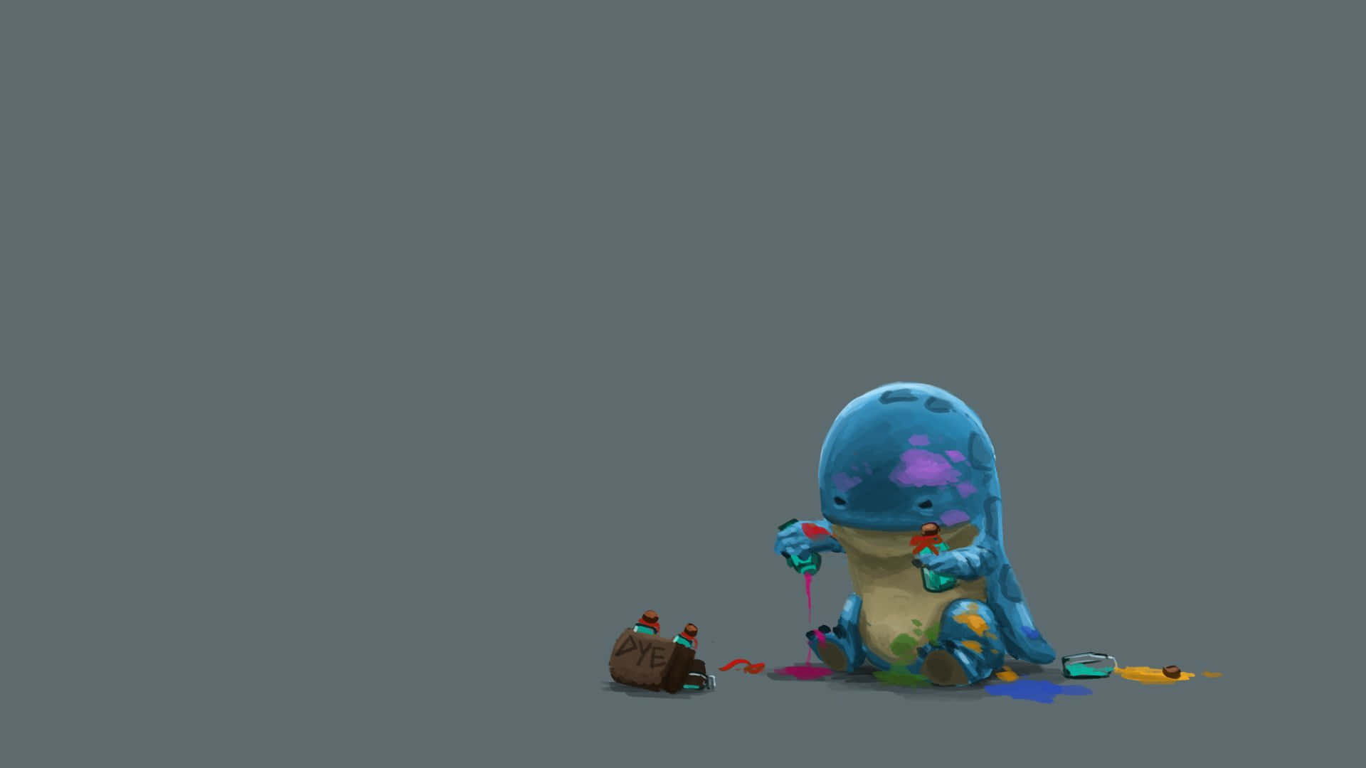 Cute Dinosaur 桌布 壁紙 — 一隻可愛的藍色卡通恐龍坐在灰色地板上畫畫，周圍有色彩繽紛的顏料飛濺。