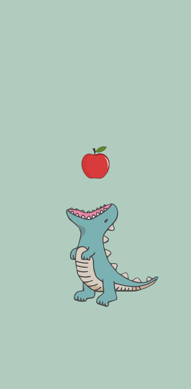 Funny Dinosaur 桌布 壁紙 — 一隻可愛的藍色卡通恐龍張開嘴巴，伸手去拿一個紅蘋果，背景是純薄荷綠色。