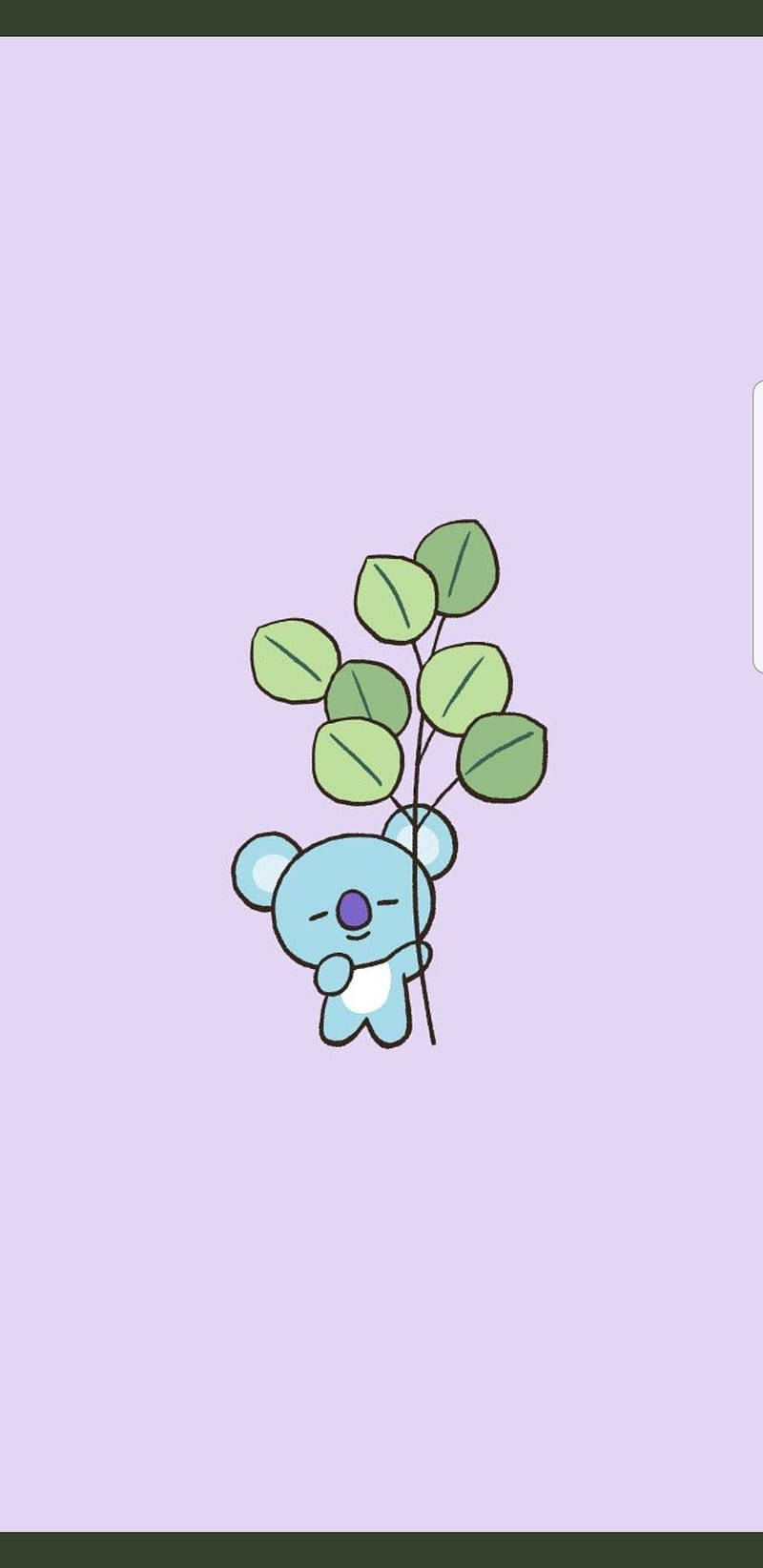 Koya 桌布 壁紙 — 一隻可愛的藍色卡通無尾熊在柔和的薰衣草背景上拿著一根綠葉樹枝。