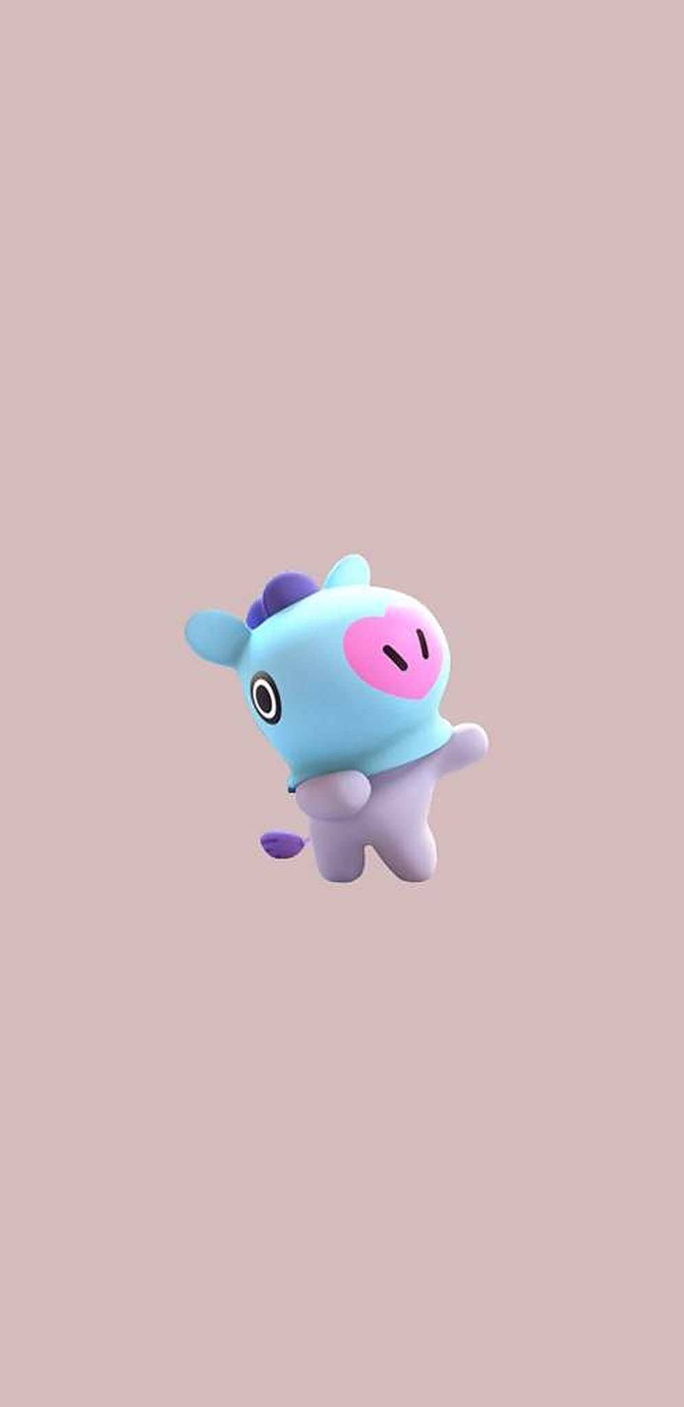 mang bt21 桌布 壁紙 — 一隻可愛的藍色卡通牛，粉紅色鼻子，漂浮在柔和的紫紅色背景上。
