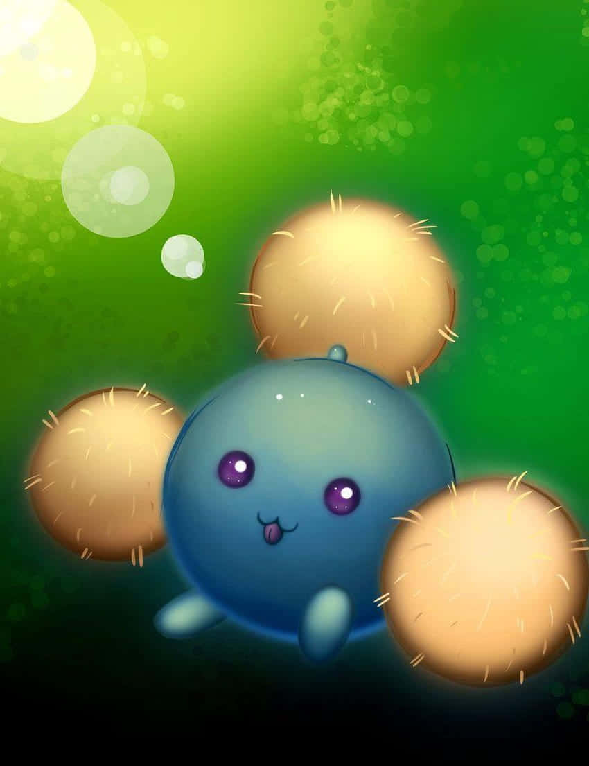 Pokemon Aesthetic 桌布 壁紙 — 一隻可愛的藍色卡通生物，擁有紫色眼睛和蓬鬆的金色球體，漂浮在發光的綠色水下場景中。