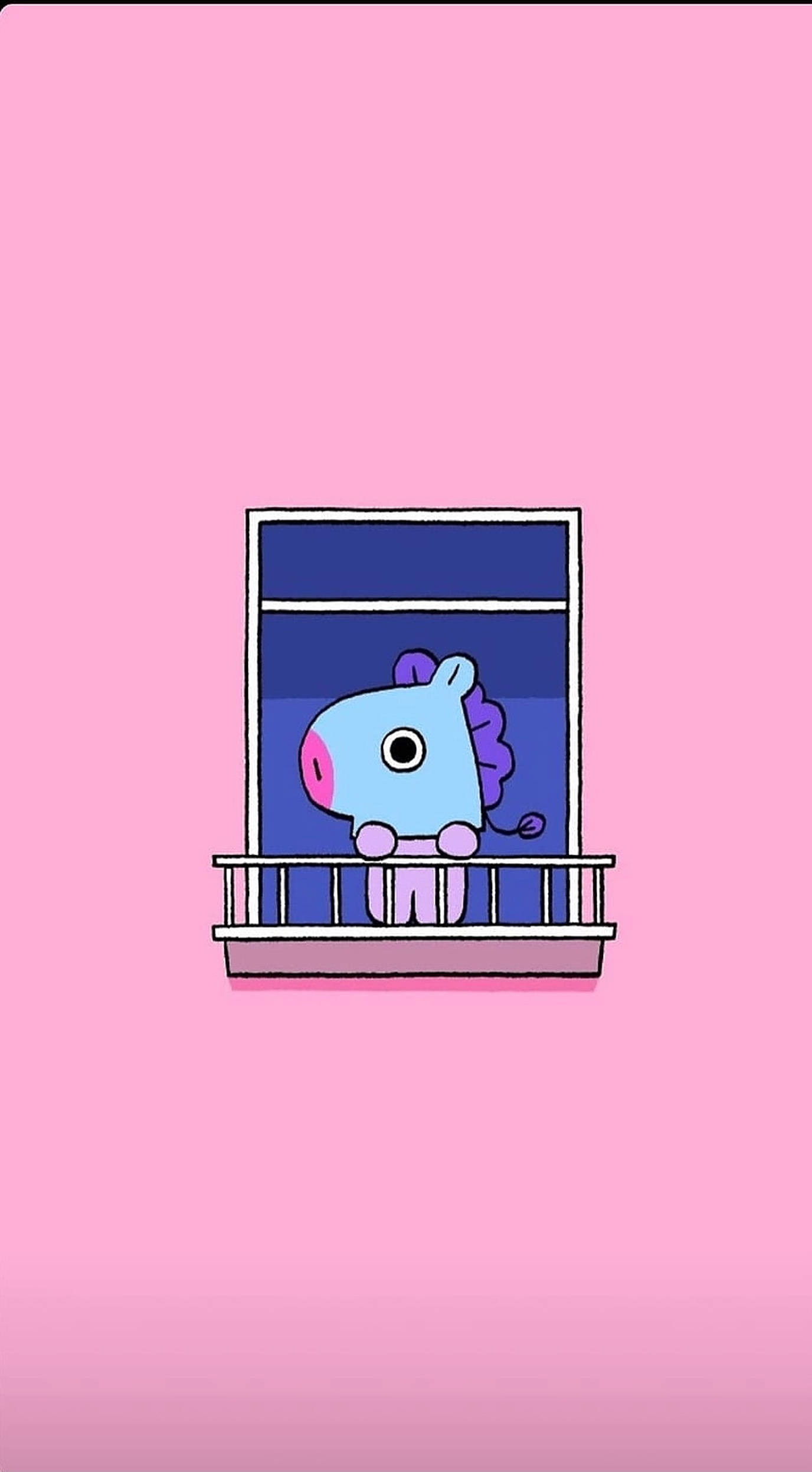 망 BT21 桌布 壁紙 — 一隻可愛的藍色卡通生物，擁有紫色鬃毛，從窗戶探出頭來，望向粉紅色陽台，背景是純粉紅色。