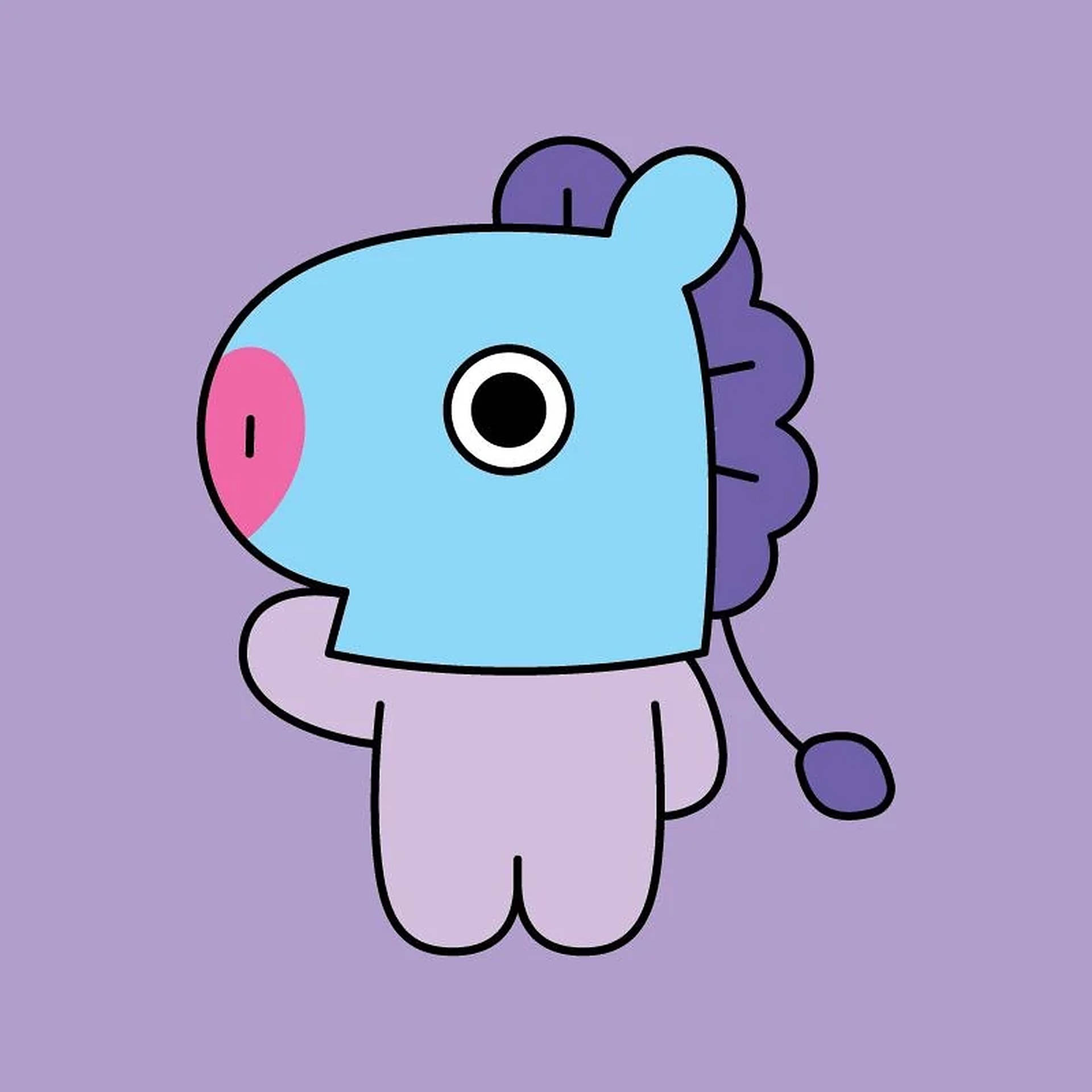 mang bt21 桌布 壁紙 — 一隻可愛的藍色卡通生物，有粉紅色鼻子和紫色鬃毛，站在純色薰衣草背景前。