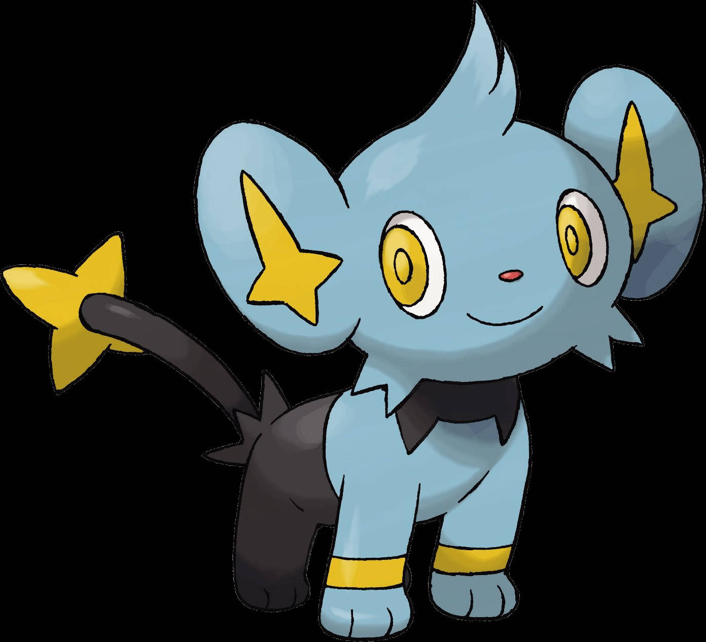 Shinx 桌布 壁紙 — 一隻可愛的藍色卡通老鼠，耳朵、尾巴和手腕上有黃色星星，站在黑色背景前。