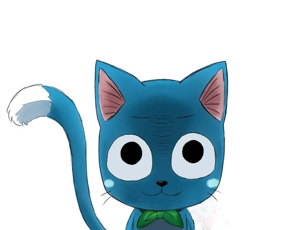 Fairy Tail Happy 桌布 壁紙 — 一隻可愛的藍色卡通貓，有粉紅色的內耳和綠色領結，在純白色背景上微笑。