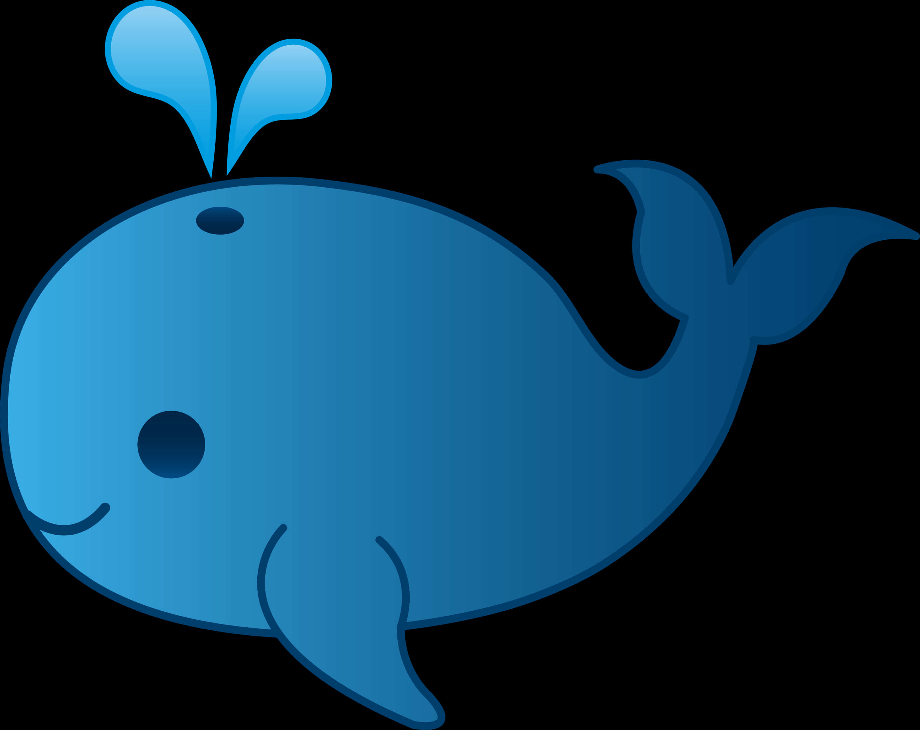 Clip Art 桌布 壁紙 — 一隻可愛的藍色卡通鯨魚，臉上帶著微笑，頭上有兩個水柱，背景為黑色。