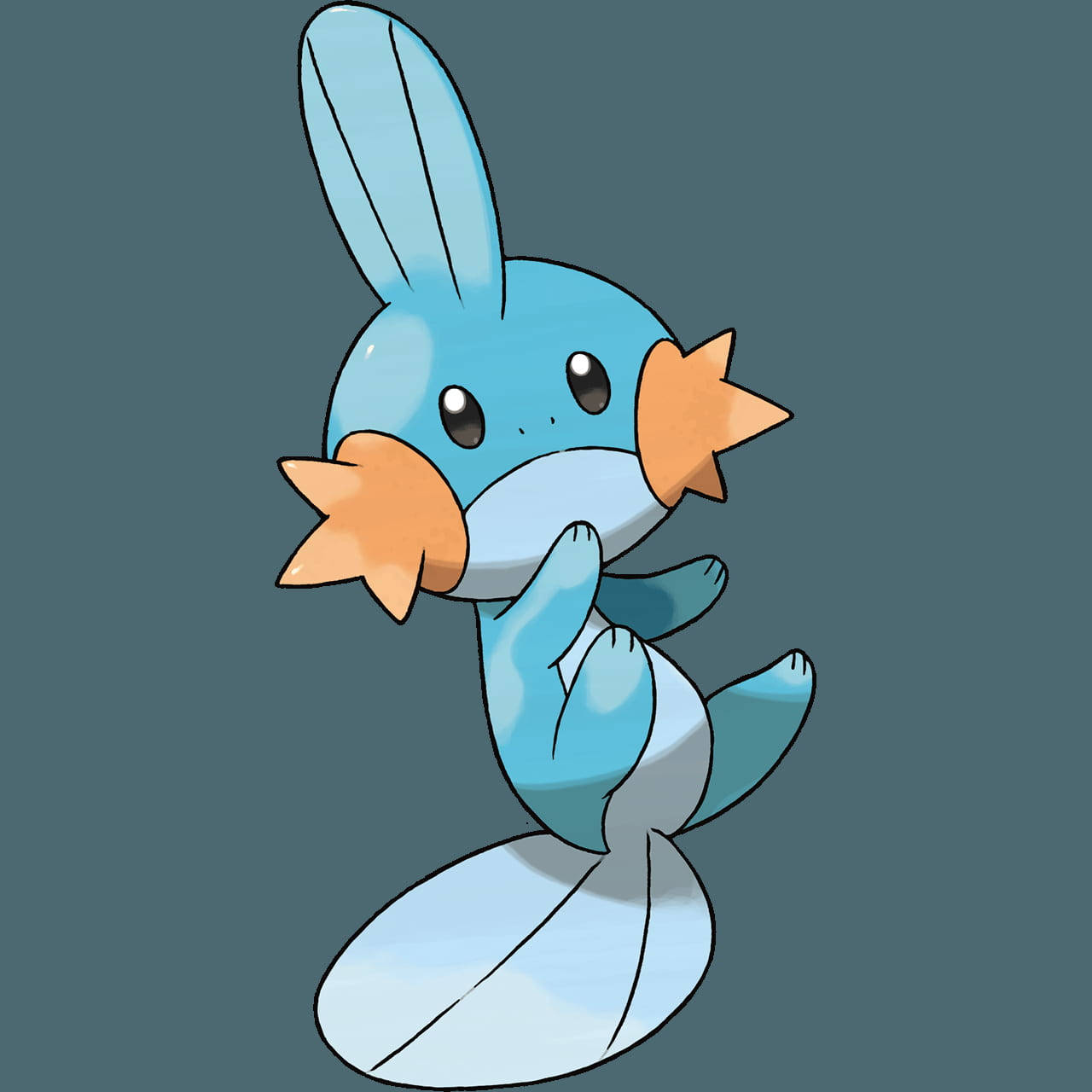 Mudkip 桌布 壁紙 — 一隻可愛的藍色和橙色卡通水屬性寶可夢，臉頰呈星形，耳朵長長，站在柔和的青綠色背景前。