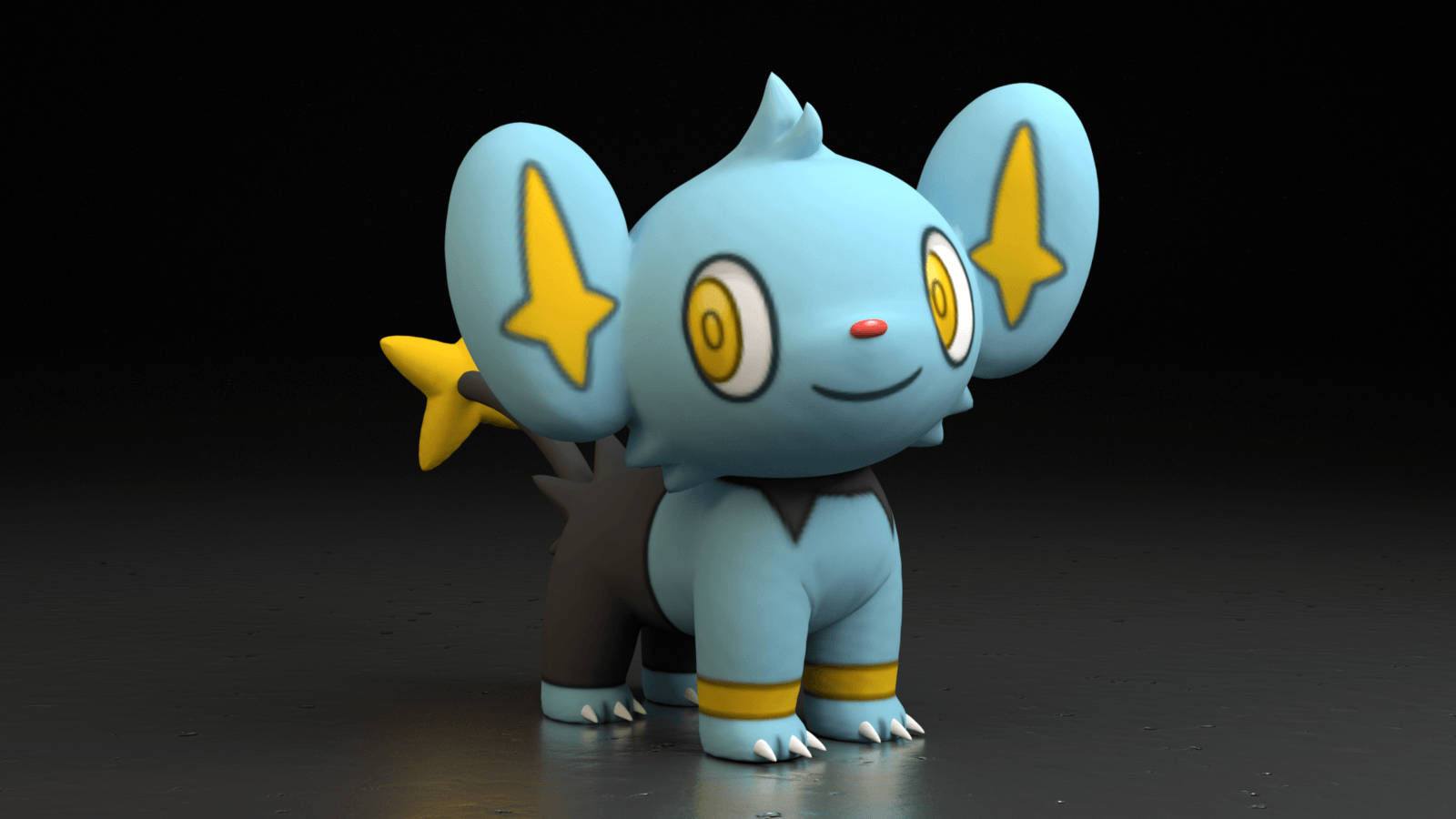 Shinx 桌布 壁紙 — 一隻可愛的藍色寶可夢帶有黃色星星標記，站在黑色背景的深色地板上。
