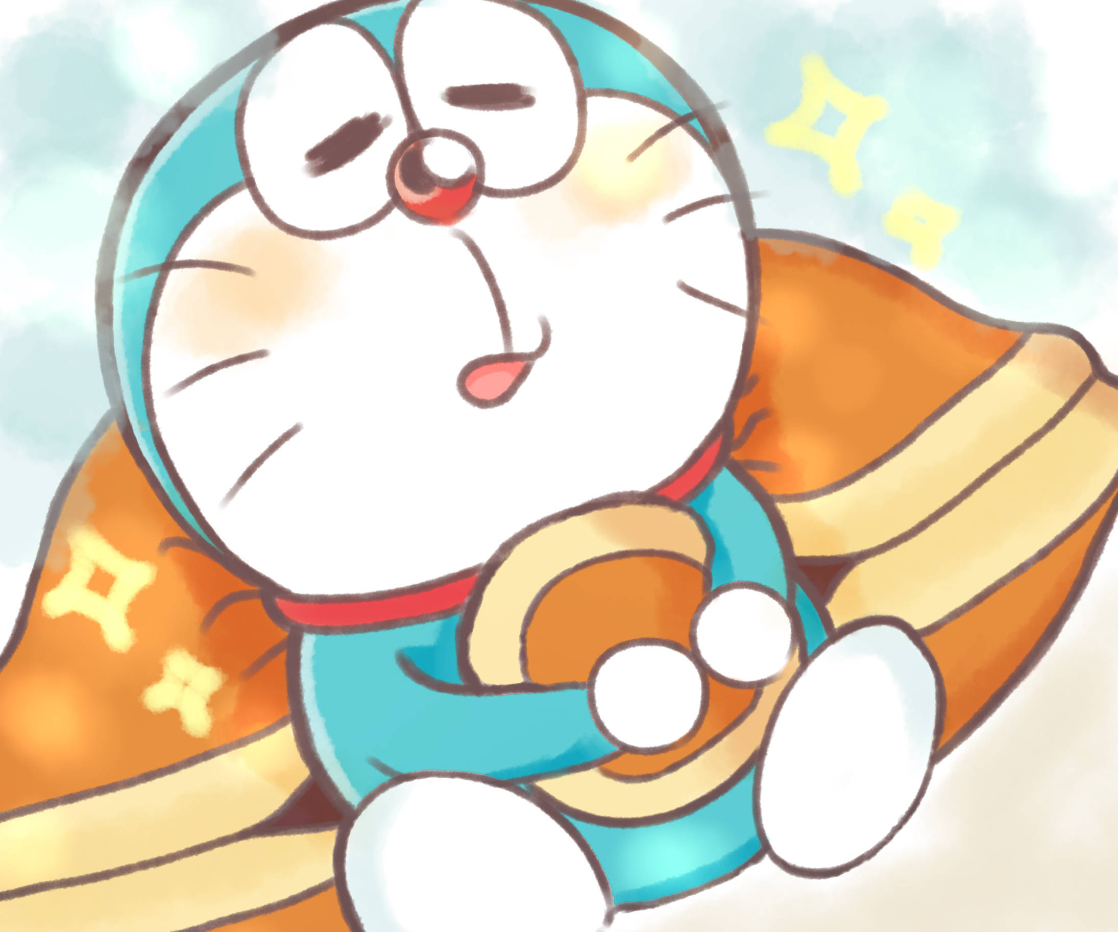 Cute Doraemon 桌布 壁紙 — 一隻可愛的藍色機器貓，有紅色的鼻子和白色的鬍鬚，舒適地坐在條紋墊子上，眼睛半閉，顯得滿足。
