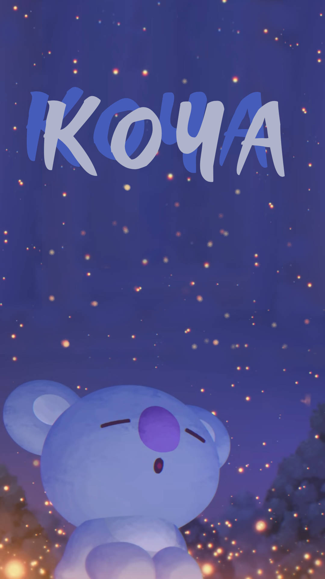 Koya 桌布 壁紙 — 一隻可愛的藍色無尾熊，紫色鼻子，在星光閃爍的夜空下平靜地坐著，周圍有發光的粒子。