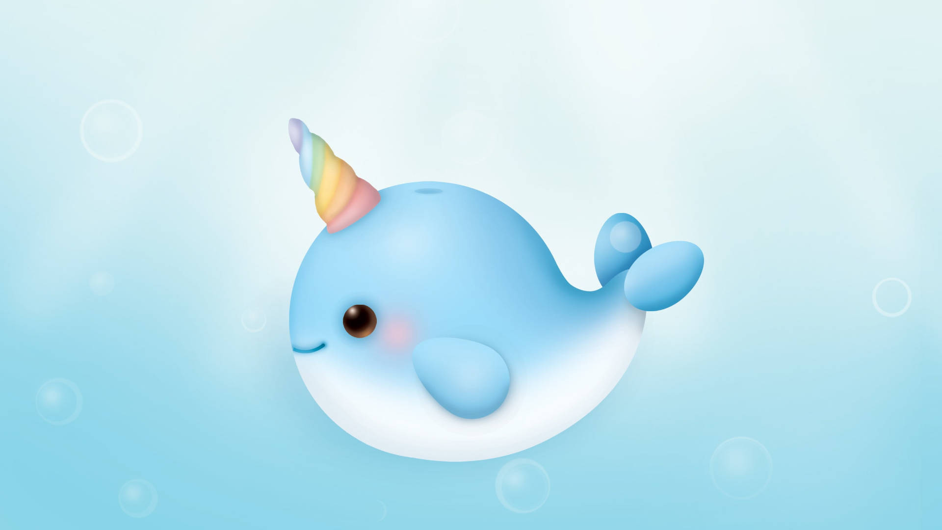 Narwhal 桌布 壁紙 — 一隻可愛的藍色獨角鯨，帶有彩虹角，在柔和的光線和漂浮的氣泡中輕輕游動。