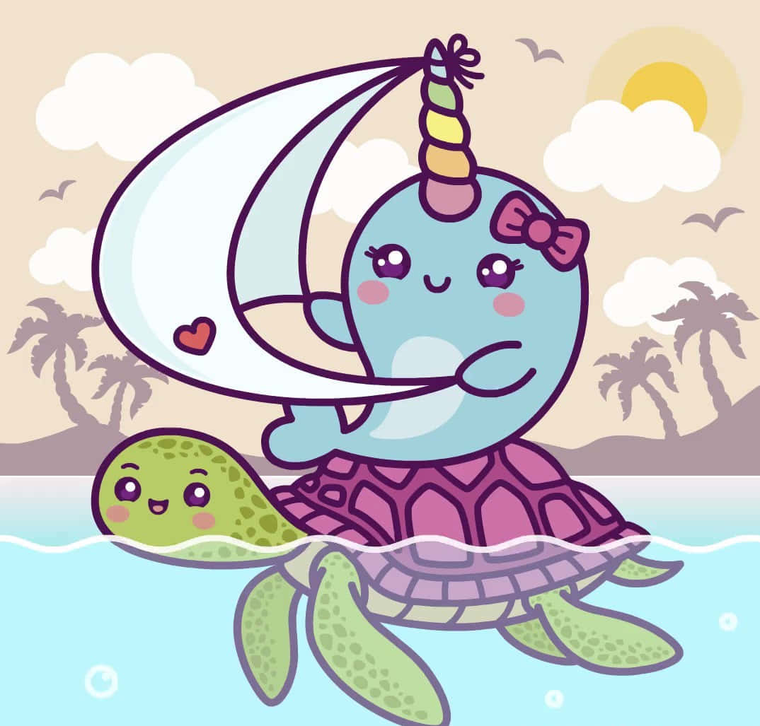 Narwhal 桌布 壁紙 — 一隻可愛的藍色獨角鯨，帶有彩虹角和粉紅色蝴蝶結，騎著微笑的綠色海龜在陽光普照的熱帶水域中穿行。