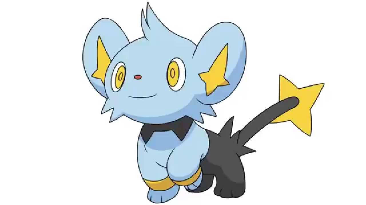 Shinx 桌布 壁紙 — 一隻可愛的藍色老鼠狀寶可夢，有黃色星形耳朵和尾巴，站在純白色背景前。