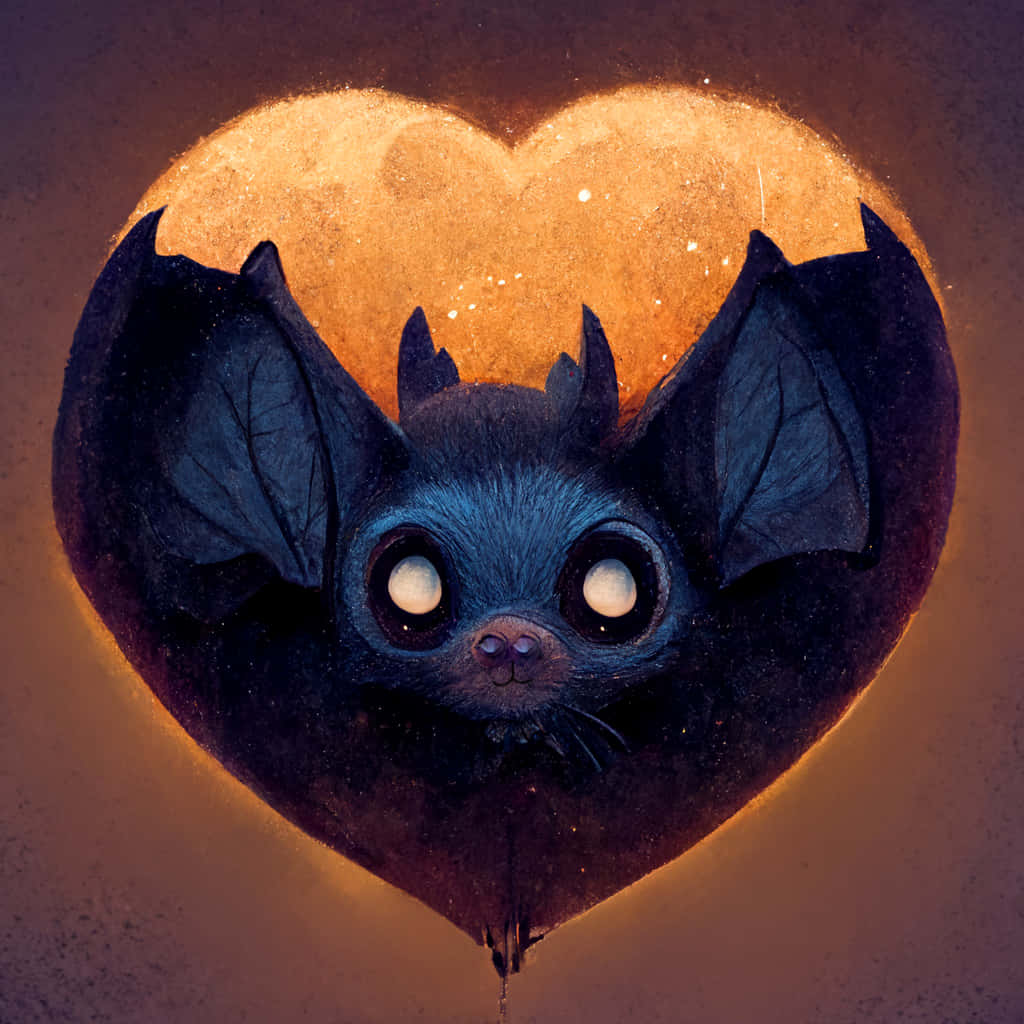 Bats 桌布 壁紙 — 一隻可愛的藍色蝙蝠，大眼睛從發光的愛心形月亮中探出頭來，背景是黑暗的天空。