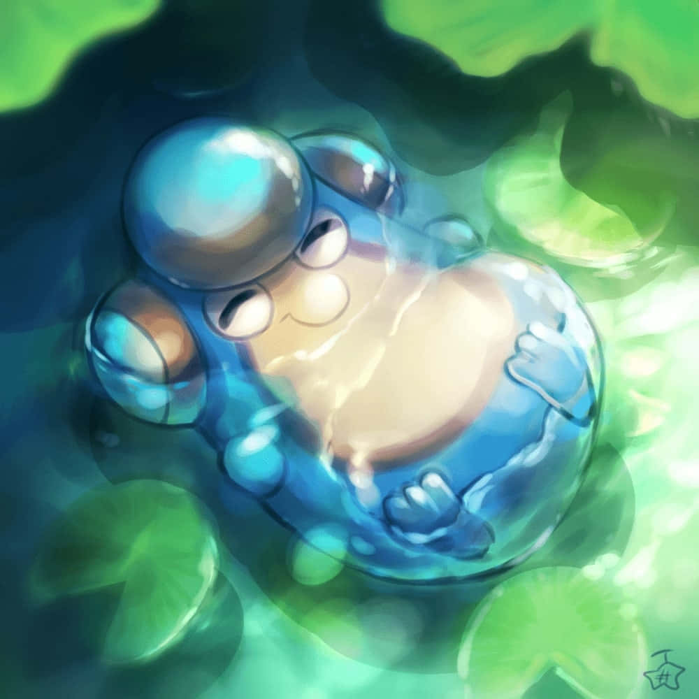 Watercolor 桌布 壁紙 — 一隻可愛的藍色青蛙狀寶可夢在泡泡中平靜地漂浮，周圍環繞著發光的綠色睡蓮葉。