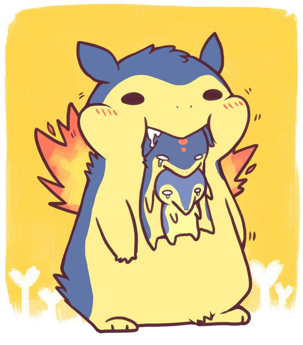 Cute Yellow Aesthetic 桌布 壁紙 — 一隻可愛的藍黃色卡通龍，擁有火焰翅膀，在黃色背景前溫暖地擁抱著兩隻較小的龍。