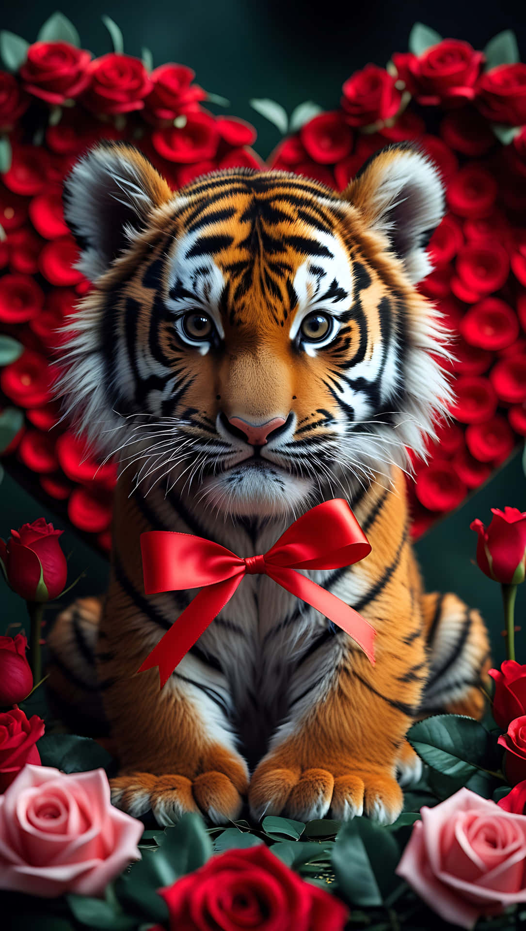 Adorable Baby Tiger with Red Ribbon – Valentine’s Cute Jungle Love. smartphone wallpaper 壁紙 — 一隻可愛的虎崽戴著紅色蝴蝶結，坐在由紅粉玫瑰組成的愛心形狀中。
