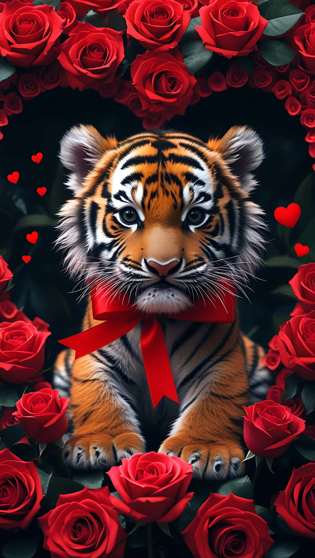 Adorable Baby Tiger with Red Ribbon – Valentine’s Cute Jungle Love. smartphone wallpaper 壁紙 — 一隻可愛的虎崽戴著紅色蝴蝶結，坐在深色背景前，周圍環繞著鮮豔的紅玫瑰和漂浮的心形。