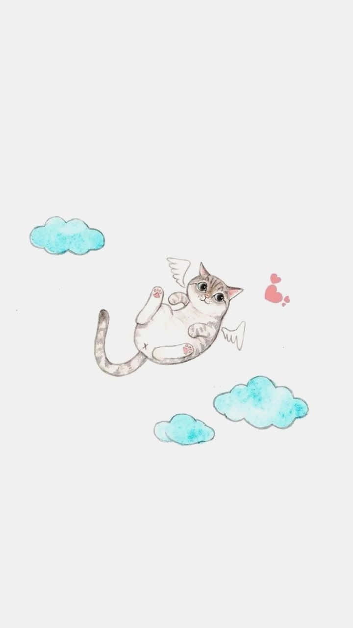 可愛 桌布 壁紙 — 一隻可愛的虎斑貓帶著細小翅膀，在柔和藍色雲朵和粉紅色愛心之間飄浮，背景是淡色。