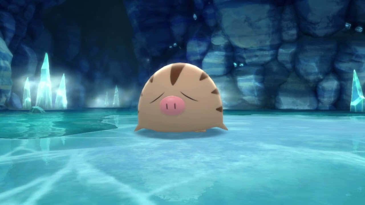 Pokemon Aesthetic 桌布 壁紙 — 一隻可愛的豬形寶可夢在發光的藍色冰洞中平靜地漂浮，周圍有水晶形成。
