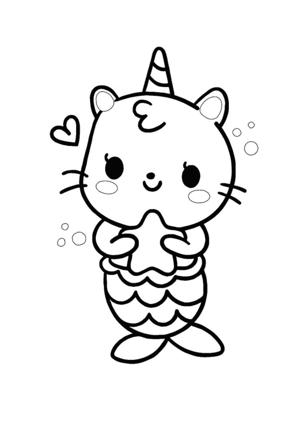 美人魚 桌布 壁紙 — 一隻可愛的貓美人魚，有獨角獸角，拿著海星，周圍有泡泡和愛心。