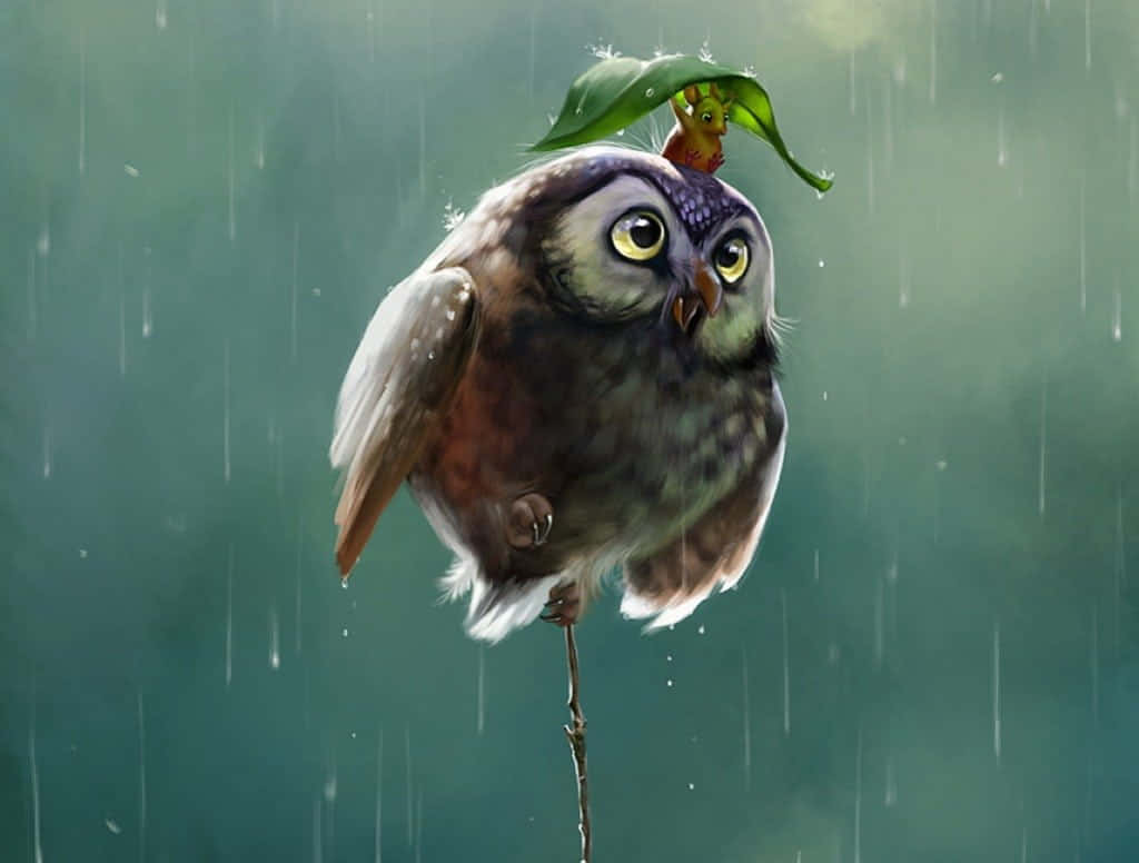 可愛貓頭鷹 桌布 壁紙 — 一隻可愛的貓頭鷹在雨中棲息在樹枝上，用葉子帽子保護頭上的小生物。