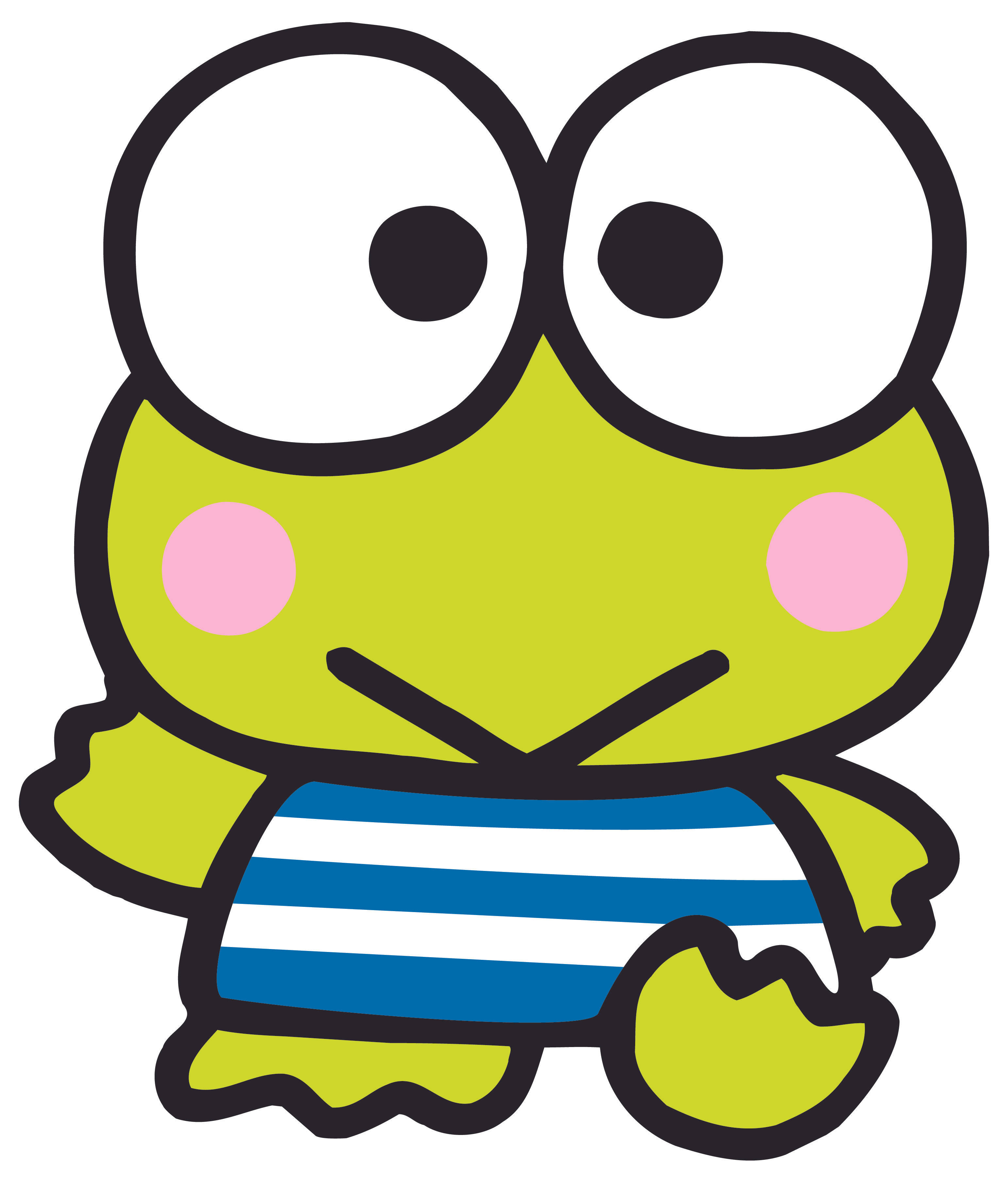 Keroppi 桌布 壁紙 — 一隻可愛的青檸綠色卡通青蛙，有大大的白色眼睛和粉紅色臉頰，穿著藍白條紋襯衫。