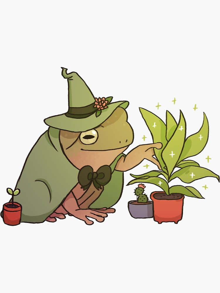 toad 桌布 壁紙 — 一隻可愛的青蛙巫師，戴著綠色帽子和斗篷，輕輕觸摸一株發光的葉子植物，周圍有閃爍的光芒。