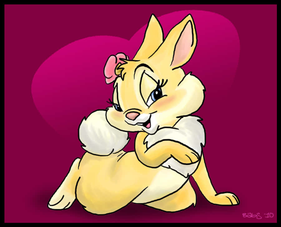 Miss Rabbit 桌布 壁紙 — 一隻可愛的黃色卡通兔子，戴著粉紅色蝴蝶結，坐在洋紅色心形背景前擁抱自己。