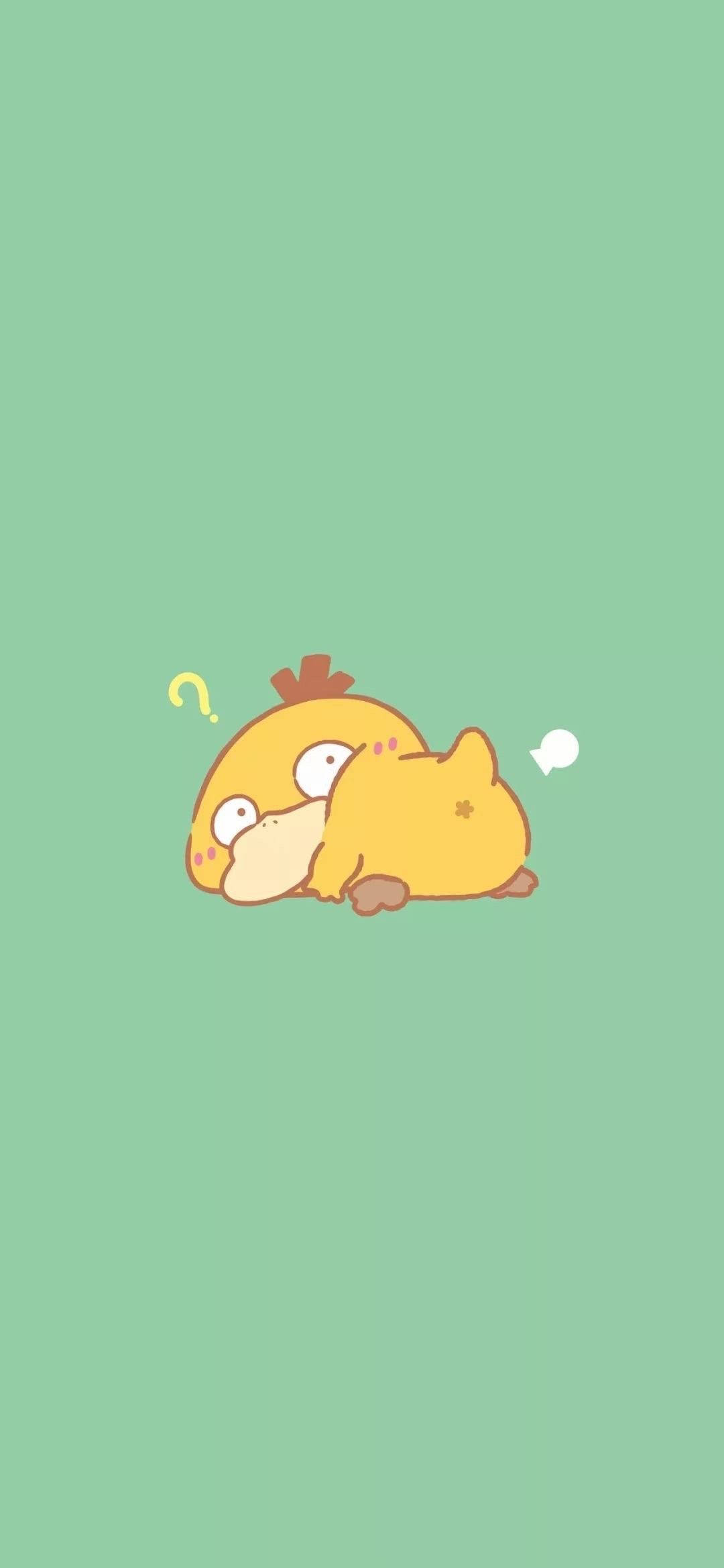 Psyduck 桌布 壁紙 — 一隻可愛的黃色卡通小雞，頭頂有一個問號，蜷縮在純薄荷綠色的背景上。