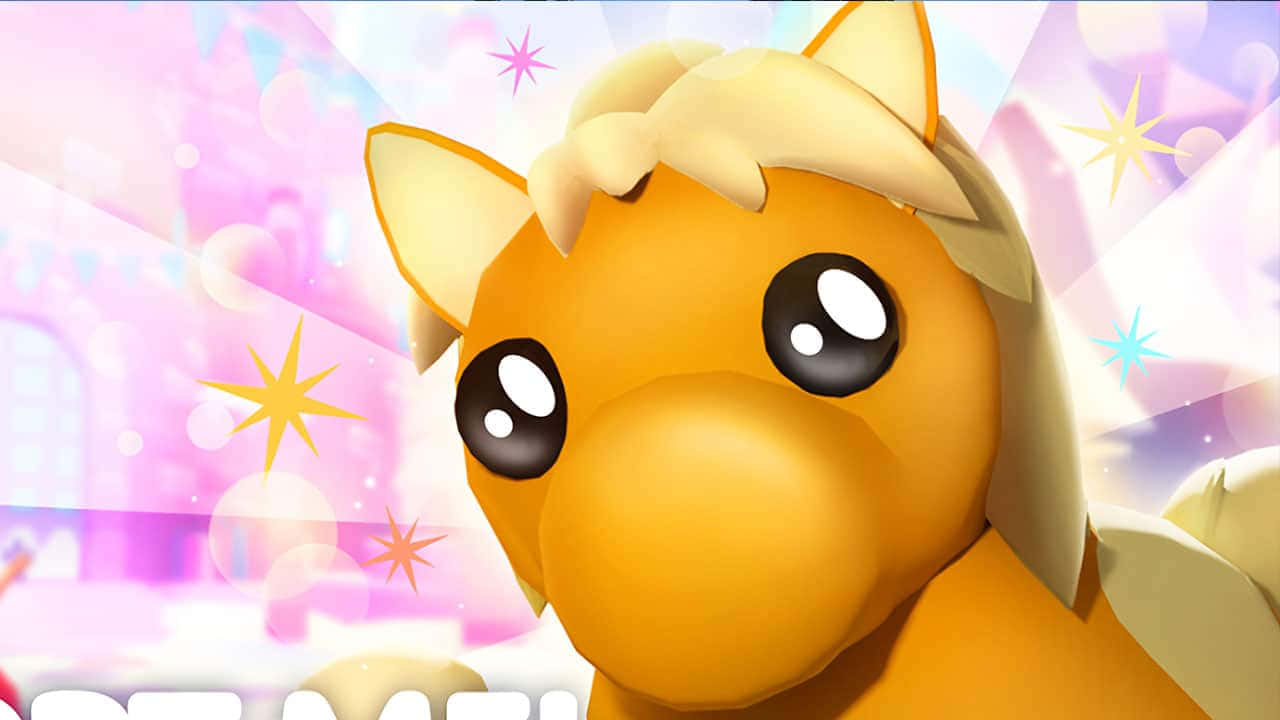 Roblox 桌布 壁紙 — 一隻可愛的黃色卡通小馬，有大眼睛和蓬鬆的鬃毛，在閃閃發光的粉彩背景前微笑。