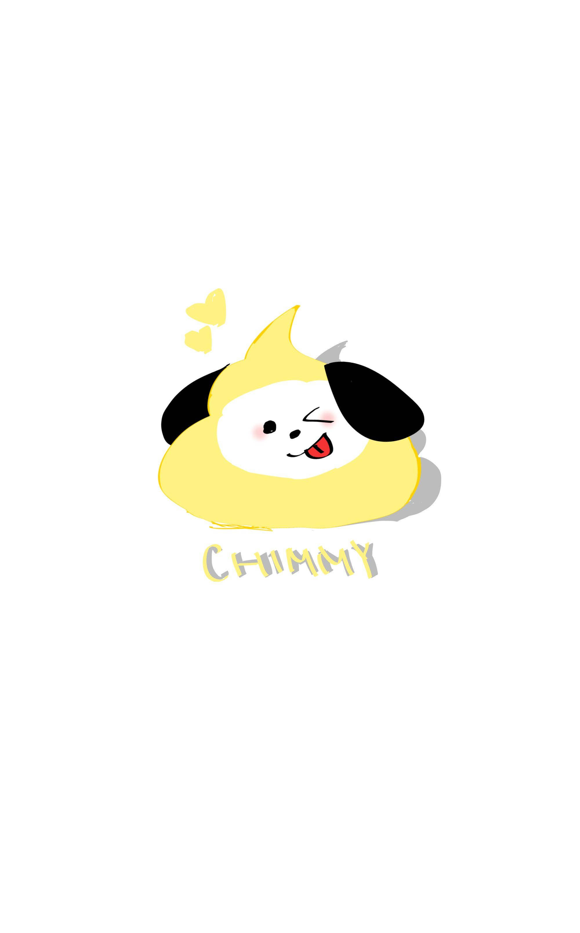 Chimmy 桌布 壁紙 — 一隻可愛的黃色卡通狗，黑色耳朵，俏皮地眨眼，頭頂漂浮著愛心。