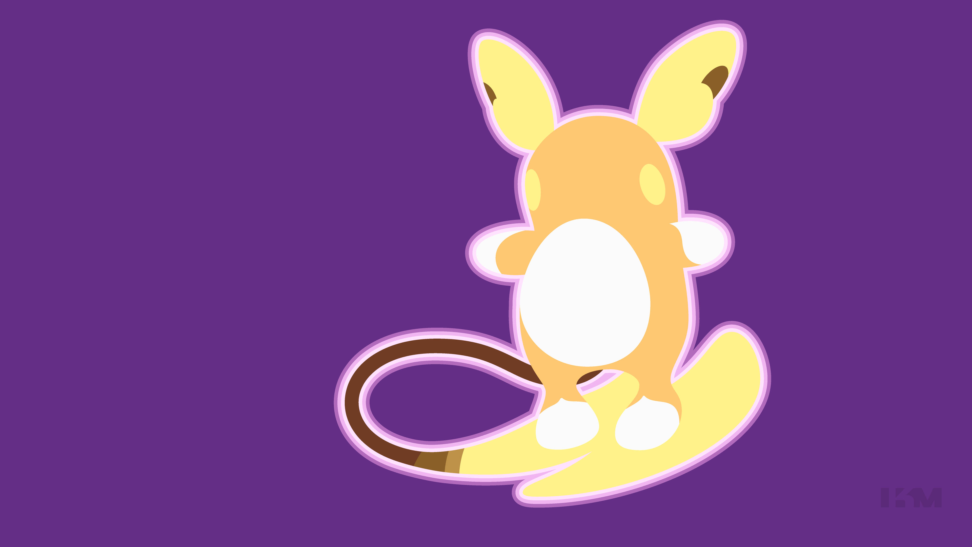 Raichu 桌布 壁紙 — 一隻可愛的黃色卡通袋鼠，白色腹部和棕色尾巴，坐在純紫色背景中央。