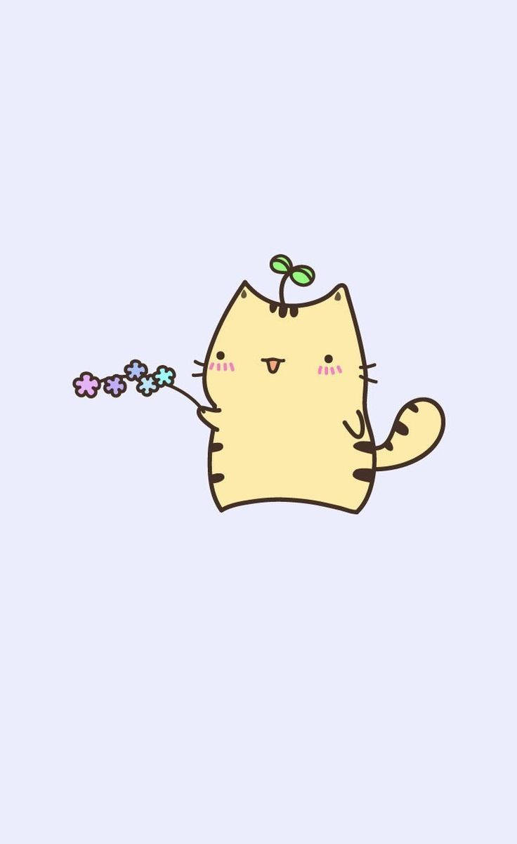 pusheen 動圖 桌布 壁紙 — 一隻可愛的黃色卡通貓，頭上有嫩芽，在柔和的薰衣草背景前拿著一束色彩繽紛的花束。